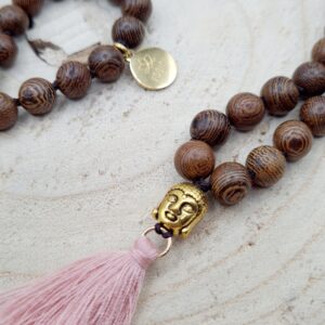 Mala mit Holzperlen braun rosa golden Buddha