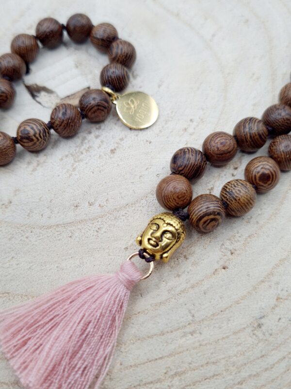 Mala mit Holzperlen braun rosa golden Buddha
